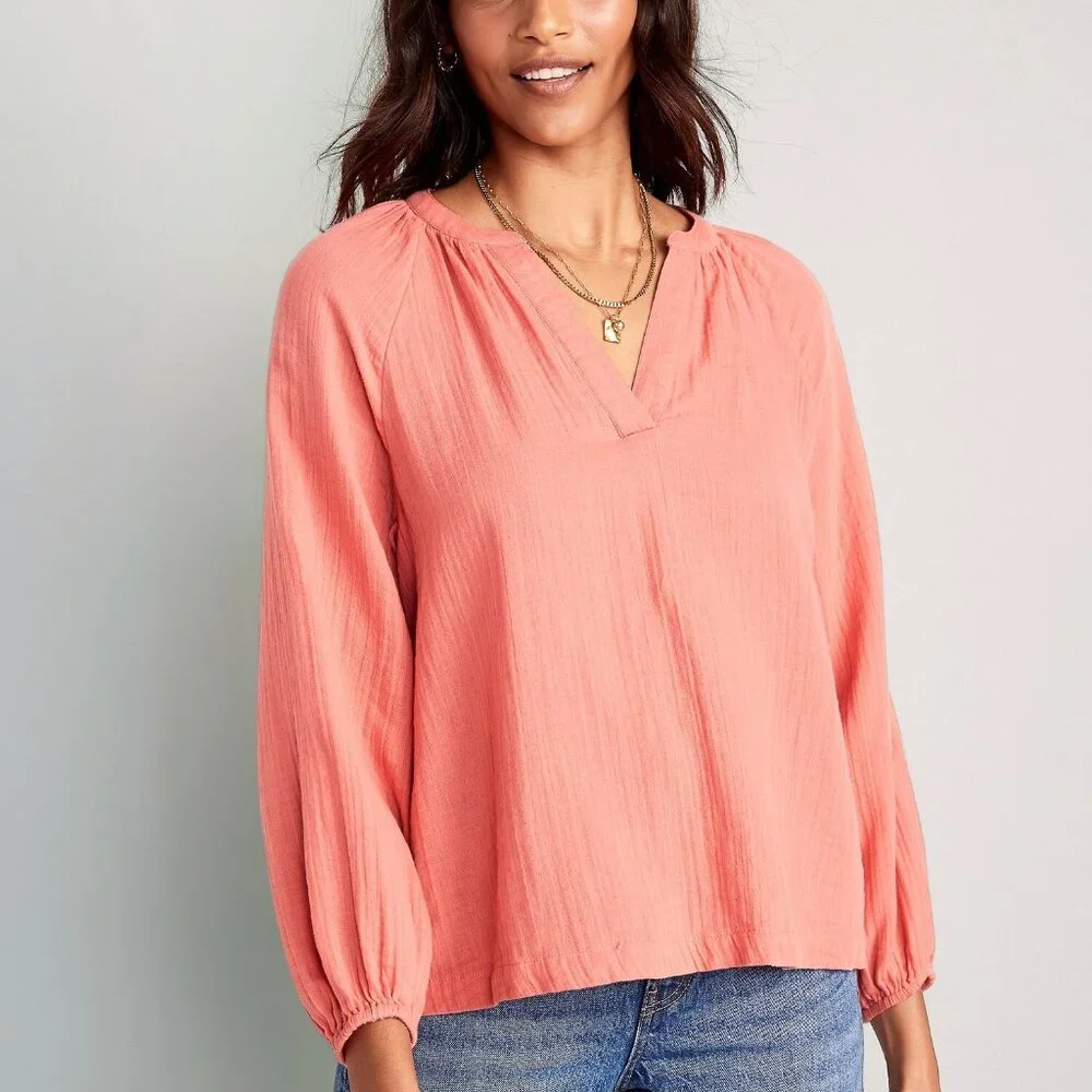 Old Navy Women 100% Cotton Coral Relaxed Crinkle-Gauze Split-Neck Blouse,Size 2X
